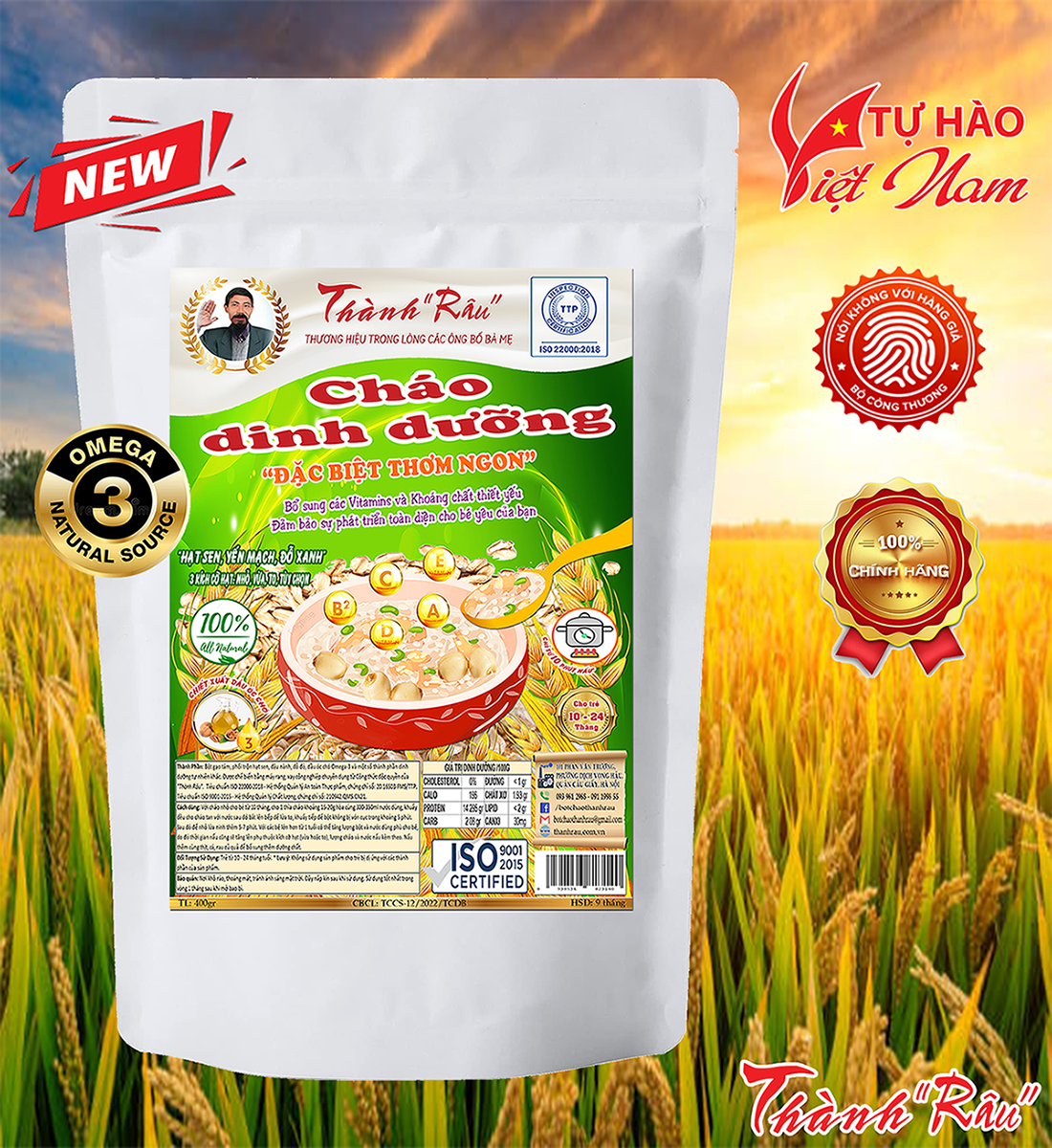 Cháo tấm ăn dặm cho trẻ em Thành Râu loại Đặc Biệt, xanh sen yến mạch dầu óc chó (400g)