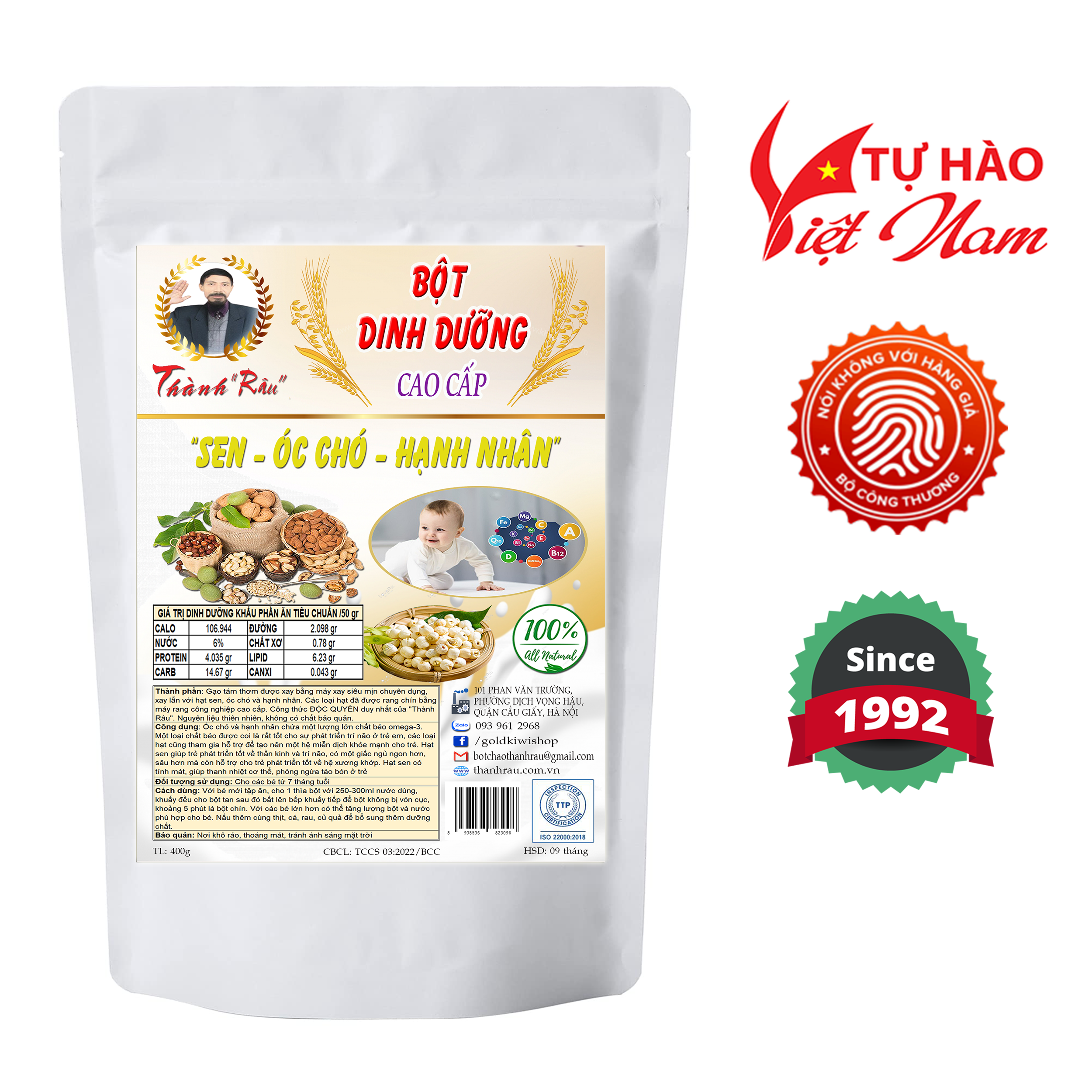 Bột ăn dặm dinh dưỡng cao cấp Thành Râu - Sen Óc Chó Hạnh nhân 400g